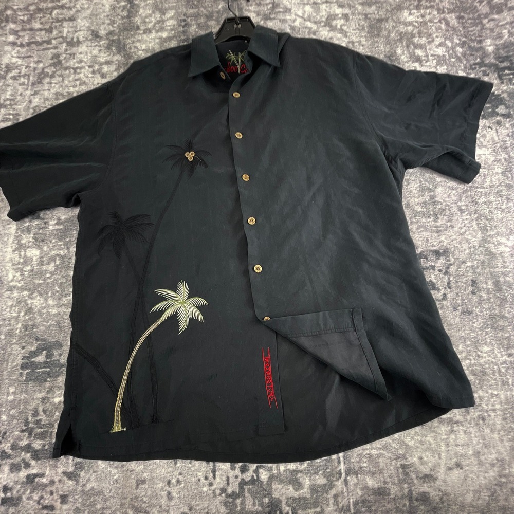Bamboo Cay Mens Large Aloha Shirt Black Palm Tree Embroidered Resort Modal Blend